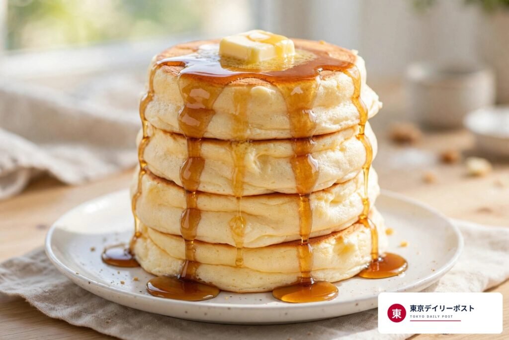 バターとシロップをかけた米粉パンケーキ